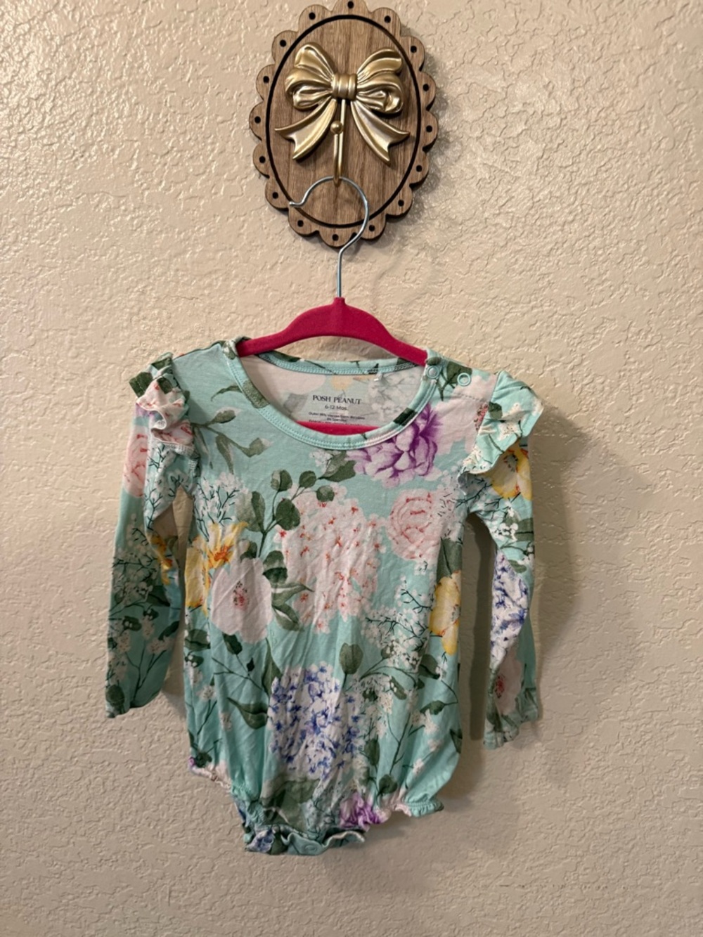 Posh Peanut Mint Floral Long Sleeve Bodysuit with Ruffle Shoulders